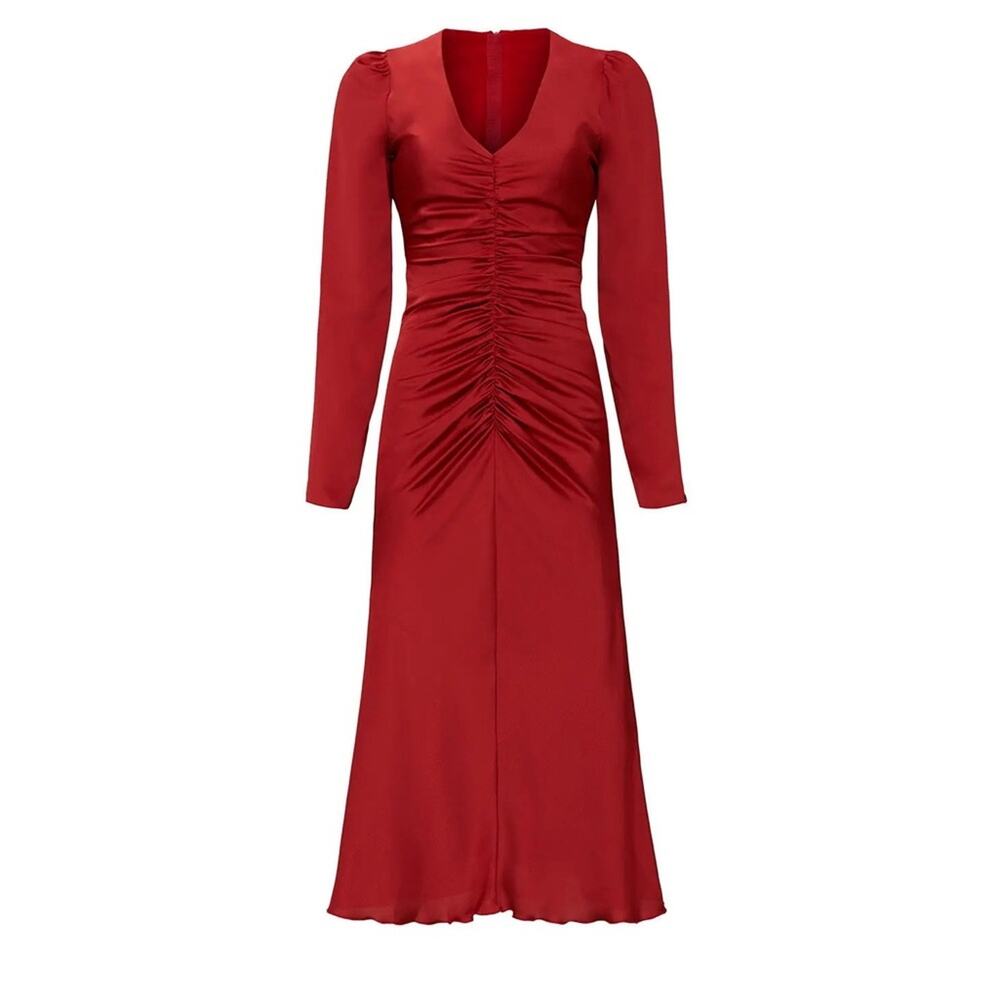 Nissa Ruched Midi Cocktail Dress Satin Red Size 2 Used Christmas Holiday Party - Picture 2 of 9